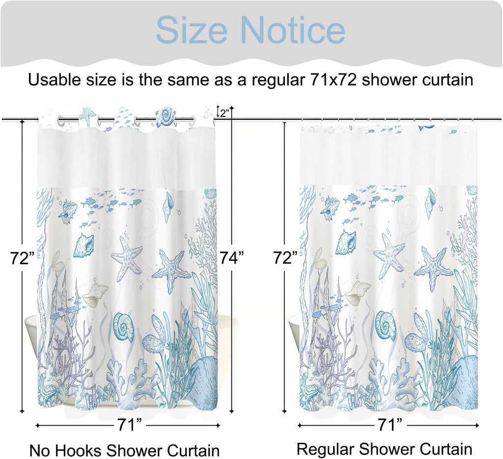 No Hook Shower Curtain and Liner Set , Blue Beach Coastal 71x74 | Nautical Ocean Design, with Snap in Liner