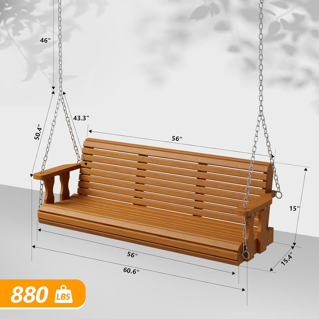 2026 Upgraded 5 FT Wooden Porch Swing, 880 LBS Heavy Duty, Brown | 2026 Upgraded Design; Heavy-Duty Wooden Swing;