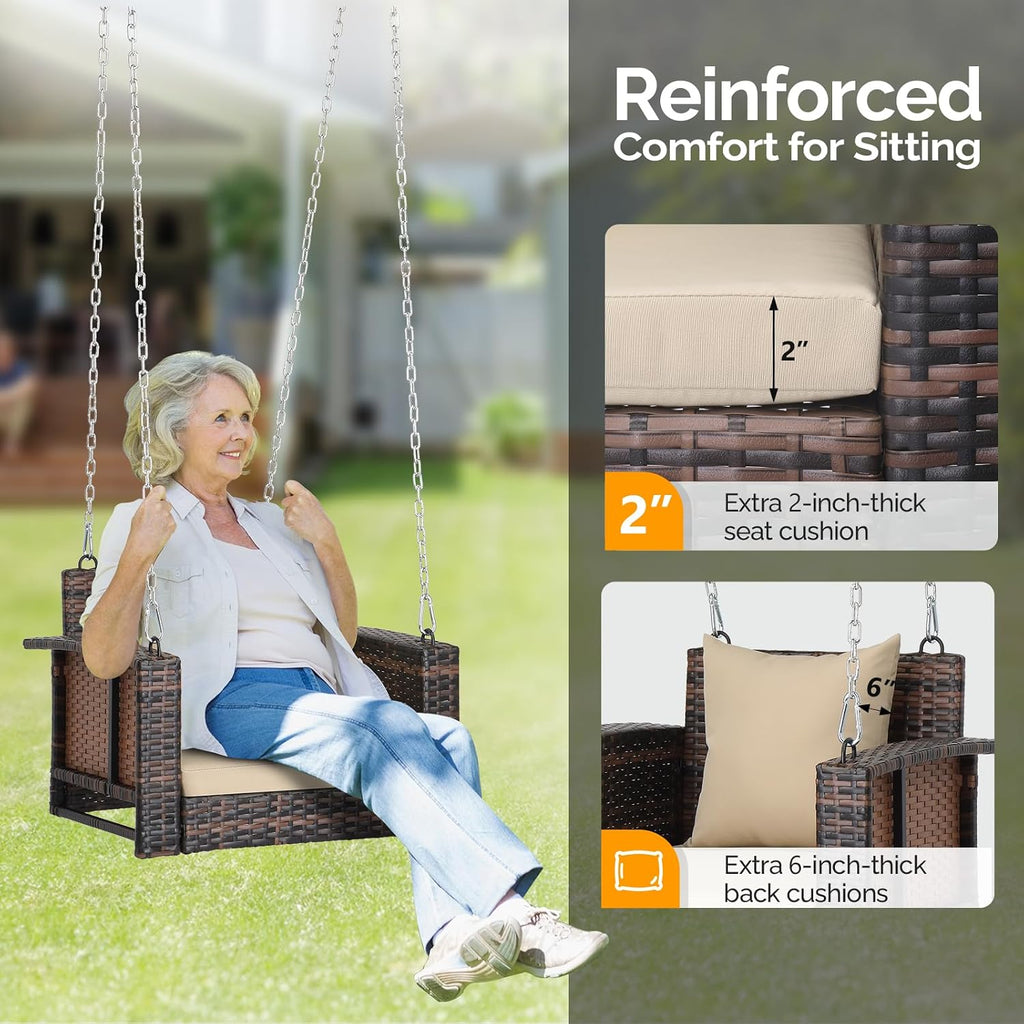 2.2FT Rattan Swing Bench, Outdoor Wicker Hanging Porch Swing (Brown) | 1 Person Patio Bench Swings, Adult Swing for