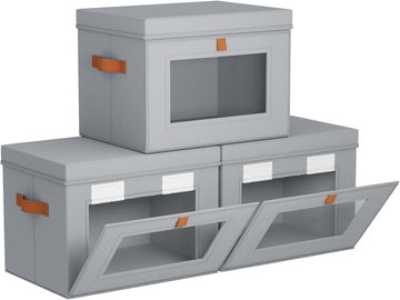 Storage Bins with Lids - Front Opening Storage Box with Clear Window & Handles, Stackable Foldable Fabric Bins for