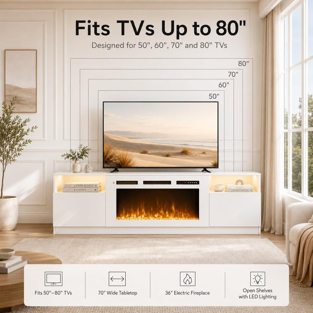70" Fireplace TV Stand for TVs Up to 80",Entertainment Center with 36" Electric Fireplace and 12 Colors LED