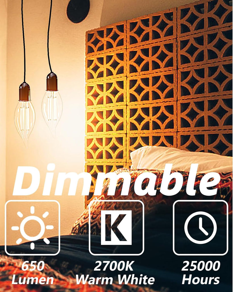 Dimmable E12 Candelabra LED Light Bulbs 60 watt Equivalent, 2700K Warm White Chandelier Candle Bulb, 6W 650 Lumen