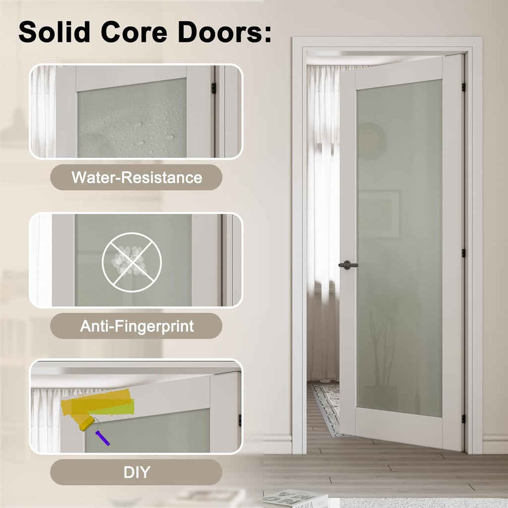 32" x 80" Prehung Door 5-Lite Tempered Frosted Glass Slab Doors with Jamb Kit, Solid Core MDF Interior Door for Bathroom Pantry Laundry, Easy Assemble - Right Handed