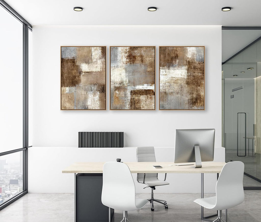 Large Abstract Framed Wall Art - Natural Float Framed Canvas Pictures Wall Art Prints Decor Rustic Artwork Brown