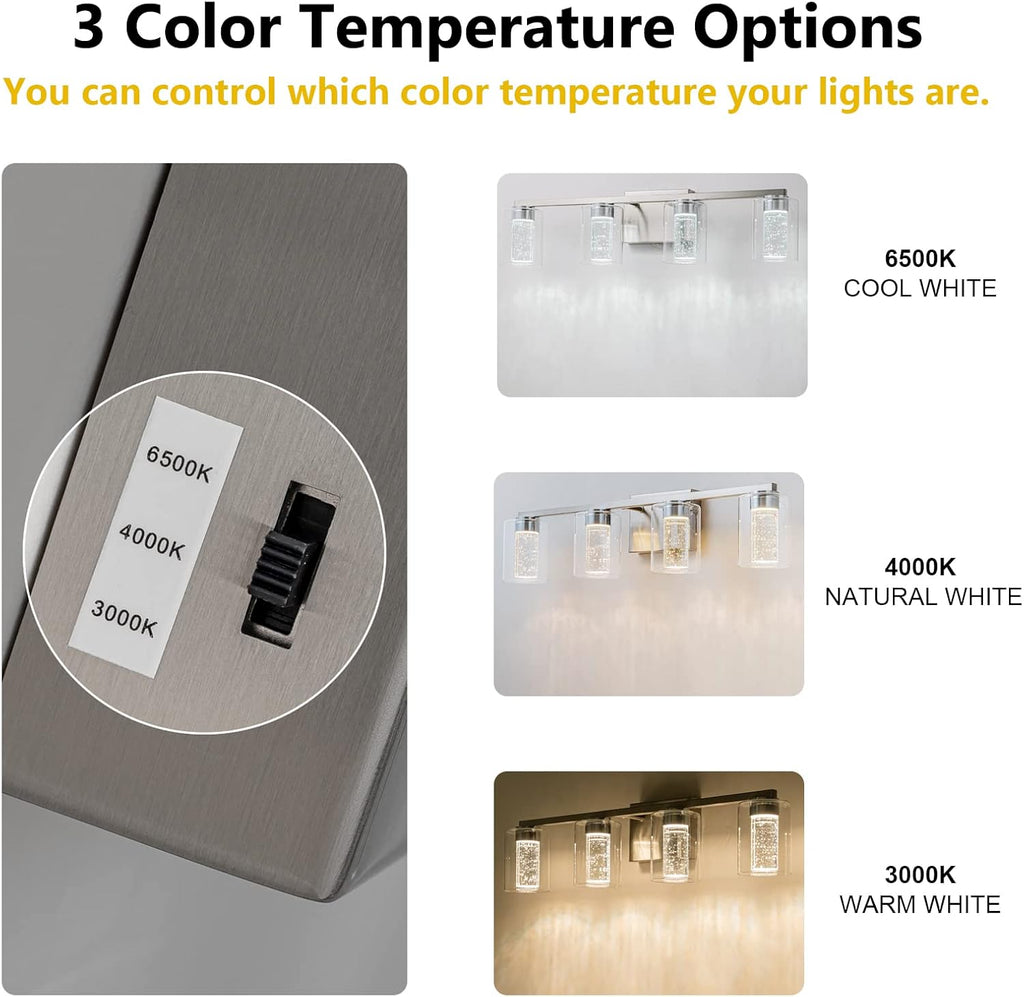 4-Light Brushed Nickel Vanity Light with 3 Color Modes (3000K/4000K/6000K), Eye Protection LED Bathroom Light