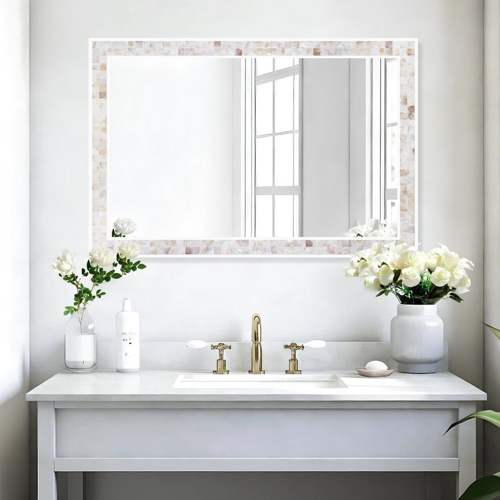 30 x 36 Inch Bathroom Rectangle Wall Mirror, Natural Shell Mosaic Frame