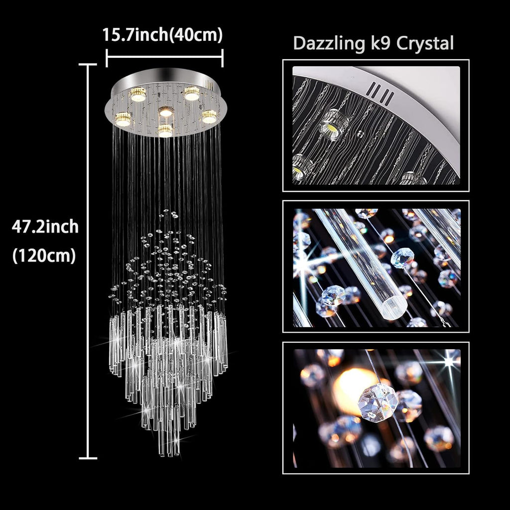 6-Light Flush Mount High Ceiling Chandelier, Modern Raindrop Crystal Chandeliers Pendant Light Foyer Chandelier Ceiling Led15.7 x 47.2