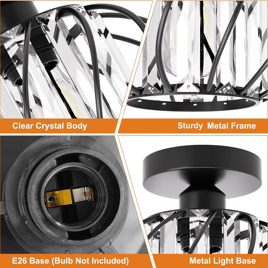 Black Crystal Ceiling Light Fixture - Crystal Chandelier Small Semi Flush Mount Ceiling Light Modern Lights Ceiling