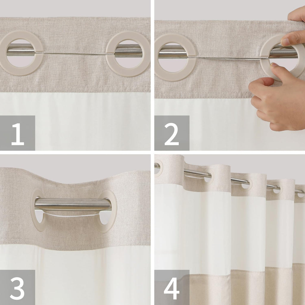 No Hooks Polyester Textured Shower Curtain with Snap-in Fabric Liner Set, Hotel Luxury Decor Shower Curtains with See