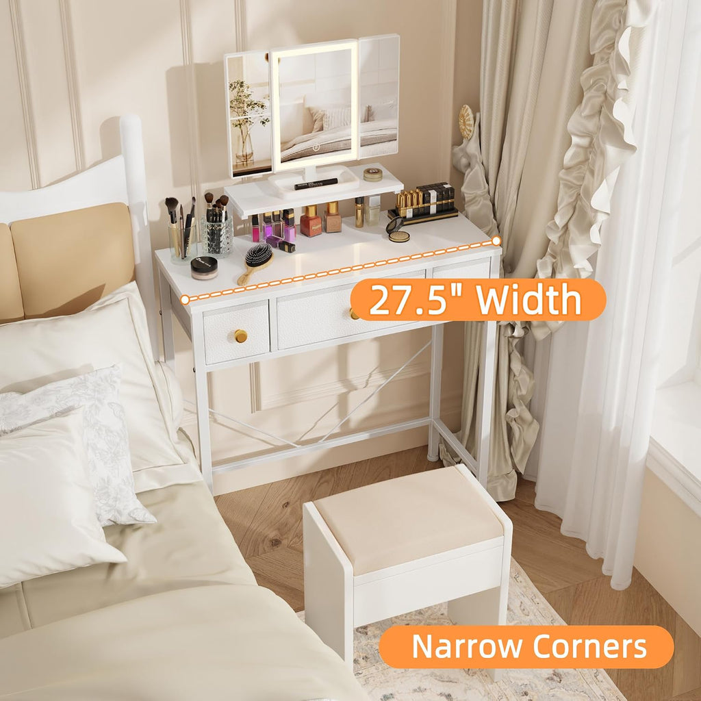 Small Makeup Vanity Desk 27.5''W with Mirror and Lights, White | 3 Drawers, USB Lighted Mirror, Height-Adjustable