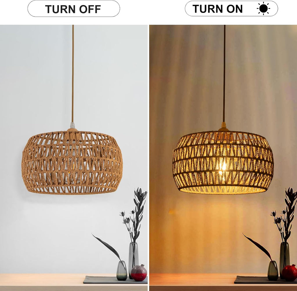 Rattan Pendant Light Fixture Ceiling Bohemian Chandelier Flush Mount Hanging Light 12.99-inch Small Woven Lamp Shade