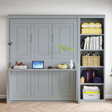 Full Murphy Bed with Desk and Storage Shelves, Wood Hideaway Murphy Wall Bed with Storage Bookcase for Adults