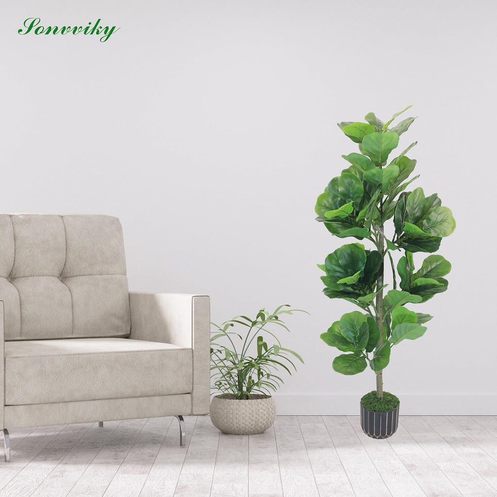 4FT Fiddle Leaf Fig Tree - Large Faux Trees Indoor Potted with Black Pot, Artificial Plants Indoor Tall Fake Tree