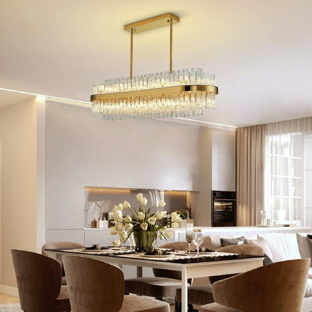 Modern Crystal Chandelier 20 Lights Gold Rectangle 2 Tiers Raindrop Chandelier Luxury Adjustable Flush Mount Oval