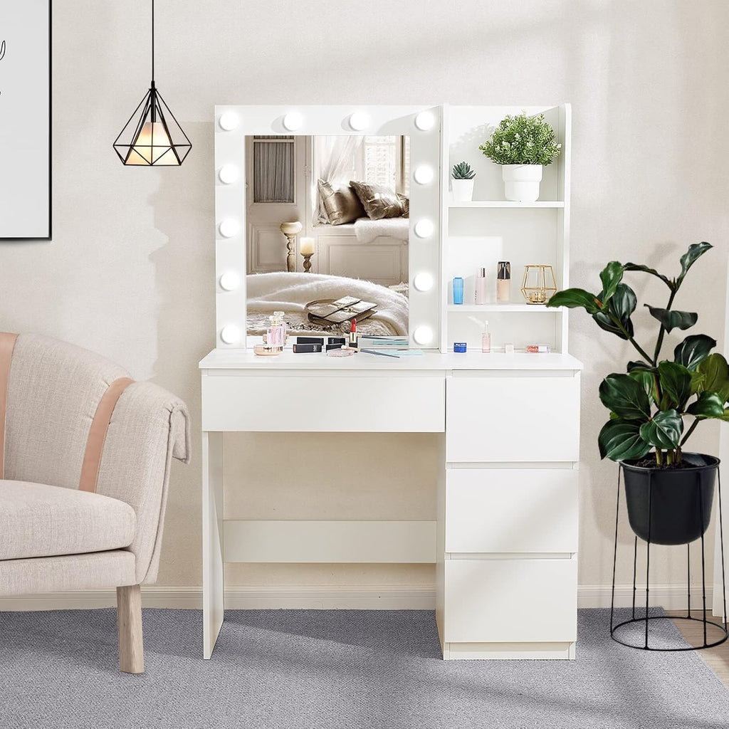 Makeup Vanity with Lights, 37inch Vanity Desk, 4 Large Drawers Dresser with Lighted Mirror, 3 Lighting Modes