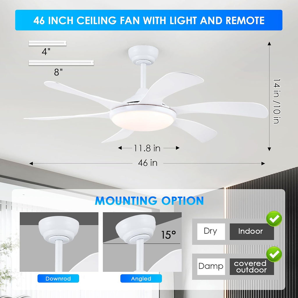 White Ceiling Fan with Lights and Remote - 46" Modern Indoor Ceiling Fan Light Low Profile, Dimmable, Reversible Quiet Motor and Timing, Outdoor Ceiling Light for Covered Patios