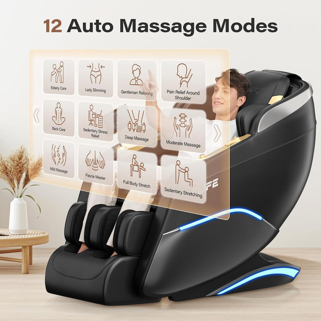 Massage Chair Full Body 160° Zero Gravity SL-Track, 12 Modes, Black | Full-Body Airbags, Body Scan, 6 Massage