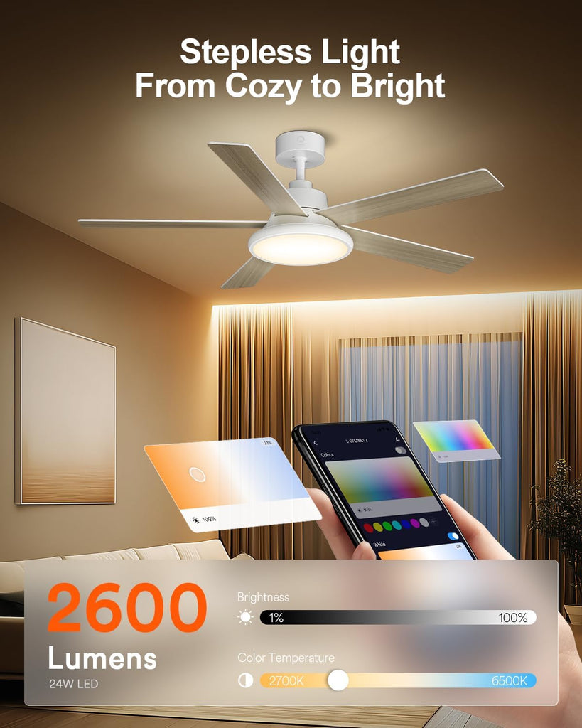 52'' Smart Ceiling Fan with RGBAI Lights Remote, RGB & Stepless Color Temperature, Work with Alexa/Google/App