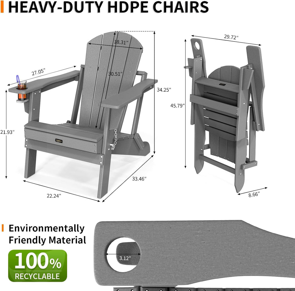 Plastic Adirondack Chairs Set of 2, Folding with Cup Holder, Waterproof HDPE Material, Comfortable 380lb Weight