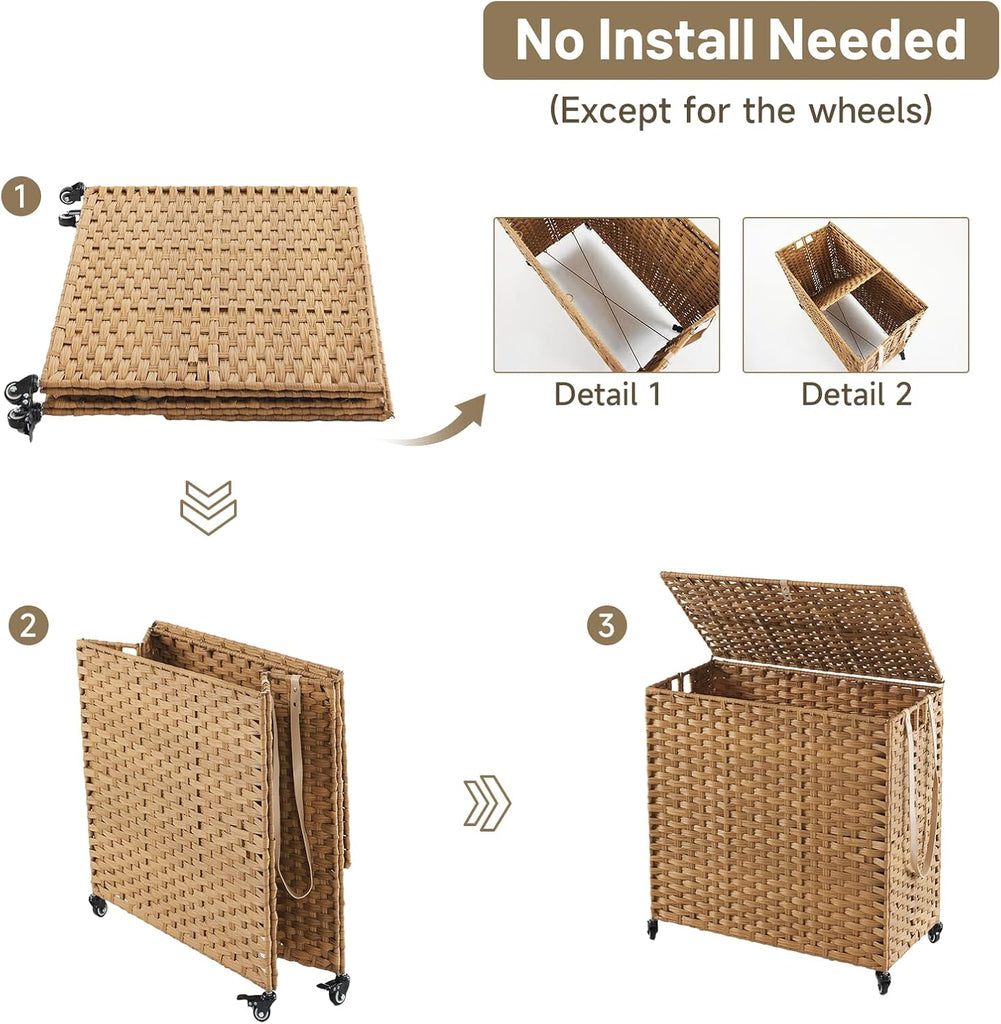 Laundry Hamper with Wheels, 39.6 Gallon(150L) Rolling Laundry Basket with Lid, 3-Section Rattan Clothes Hamper with 3