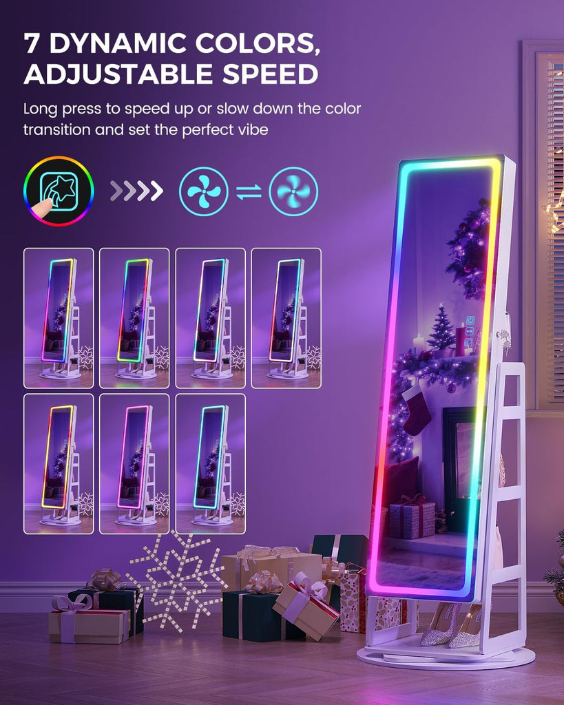 RGB Jewelry Cabinet with Full Length Mirror, 360° Rotating Lockable, 12-Zone Velvet Floor Standing Jewelry