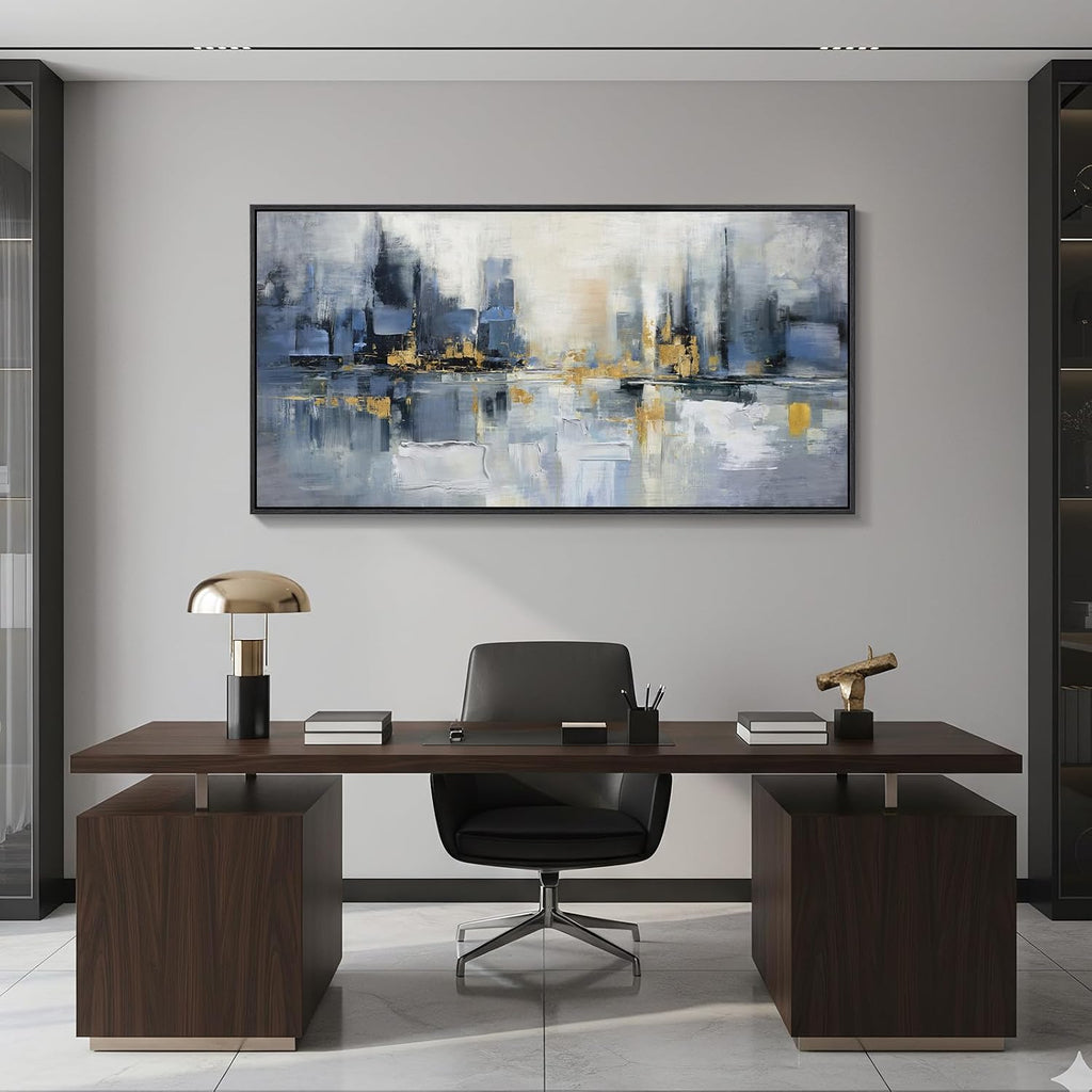 Framed Blue Abstract Wall Art , Extra Large Modern Cityscape Canvas Artwork for Walls, Horizontal Contemporary