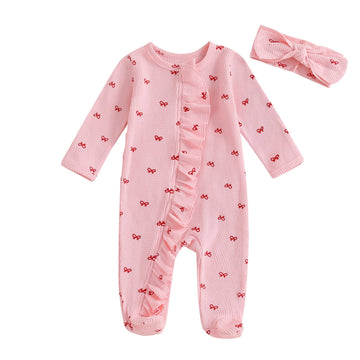 Valentines Baby Girl Outfit Bowknot Heart Footie Romper Long Sleeve Onesie Newborn Christmas Clothes (Pink bowknot