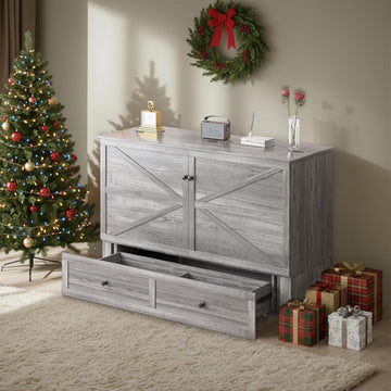 Full Murphy Bed with Tri-Folding Mattress，Murphy Bed Full with Charging Station and Storage Drawers for Small