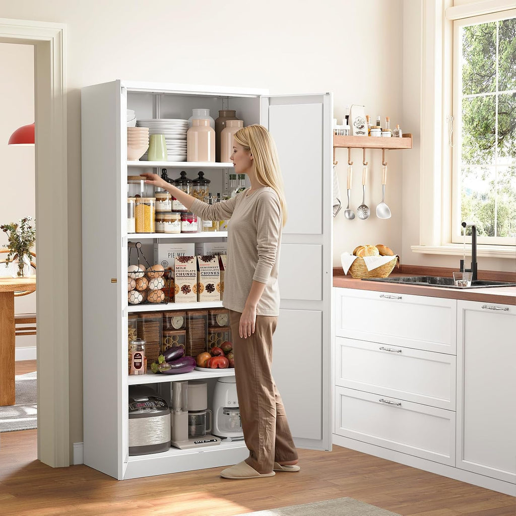 Metal Storage Cabinet - 71" White Kitchen Pantry with 2 Doors and 5 Adjustable Shelves, 5-Tier Tall Steel Locker