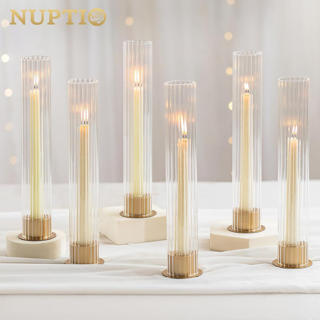 Hurricane Candle Holder for Centerpiece: Set of 10 Metal Taper Candle Holders with Fluted Glass Cylinders - Gold