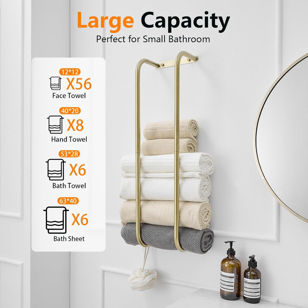 Brushed Gold Towel Racks Wall Mounted for Rolled Towels | Bathroom Towel Rack Storage Stainless Steel Vertical Towel
