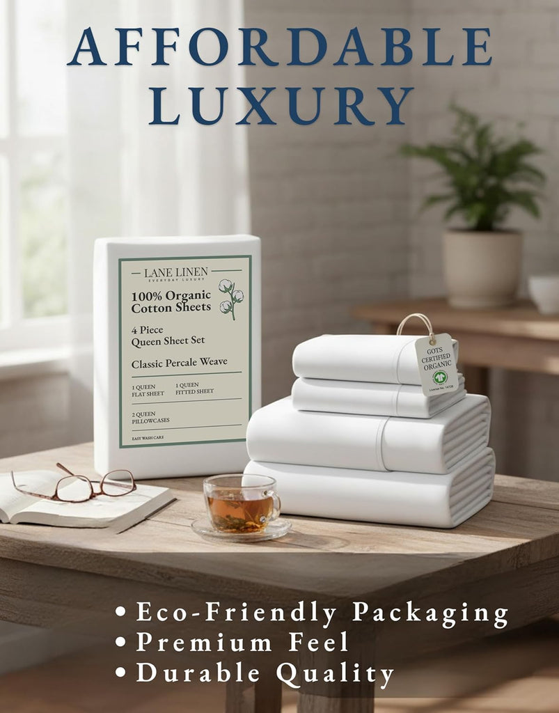 Sheets 100% Organic Cotton 4pc Percale Cooling - White | Sheet Set, GOTS Certified Organic Cotton Percale