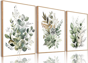 Botanical Wall Art Plant Floral Watercolor Poster Canvas Prints Set of 3 Framed Sage Green Painting Eucalyptus Leaf