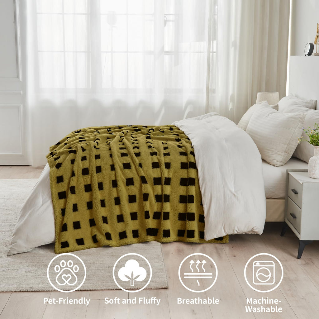 King Size Fuzzy Blanket320GSM - Olive Green Plaid Throw Blanket for Men, Christmas Throw Blanket for Couch for Bed