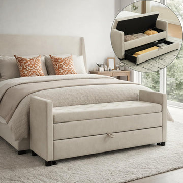 58.3" 2-Tier Storage Bench Upholstered with Drawer, Griege. | End of Bed Bench, 2-Tier Storage King Size Bench