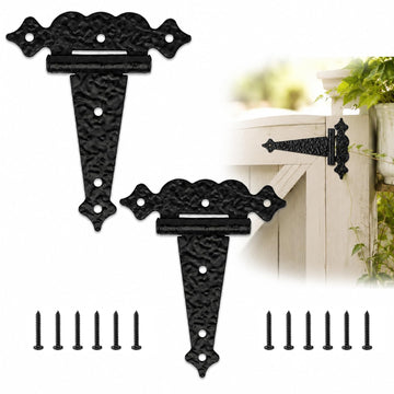 6 Inch Decorative Hammered Tee Hinge, 2 Pack Black Heavy Duty T-Strap Hinges for Garden Gates, Shed Doors, Barns &