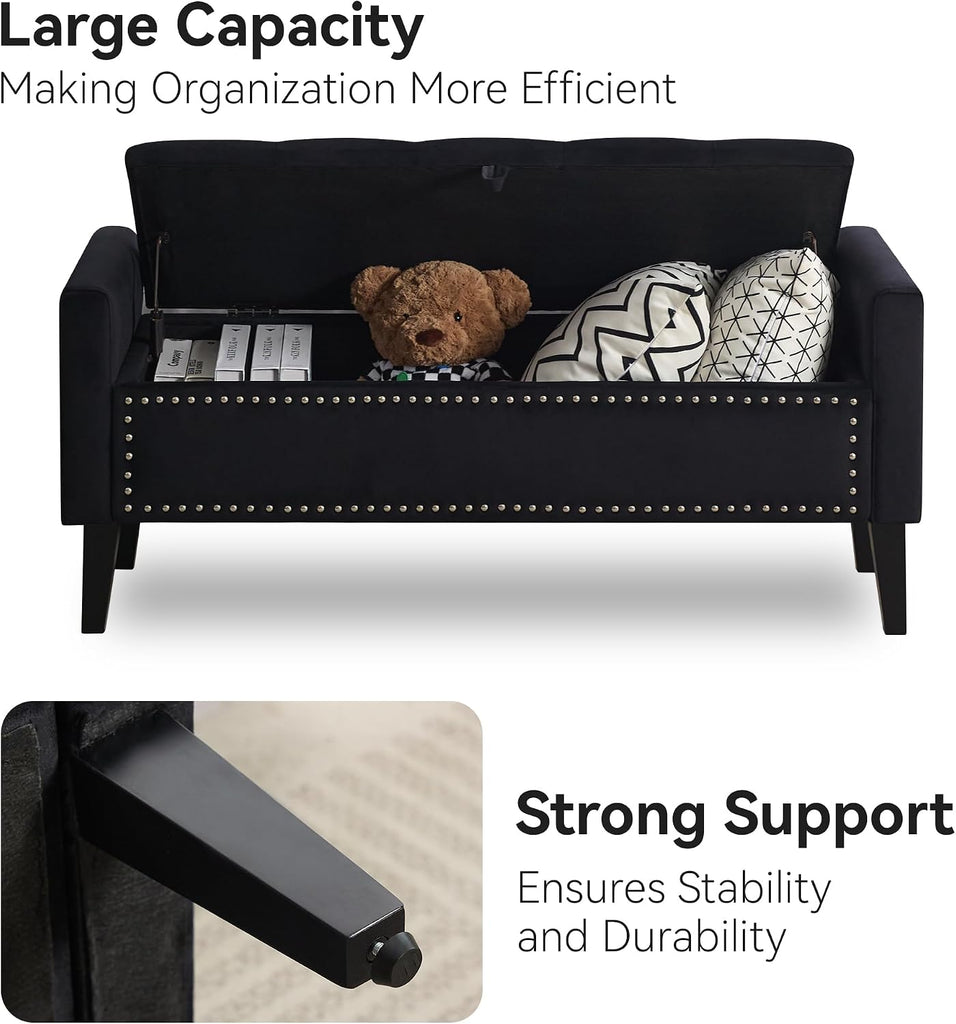 47" Velvet Storage Bench, Upholstered Bed Bench with Storage, End of Bed Ottoman with Wooden Legs,Bedside Storage