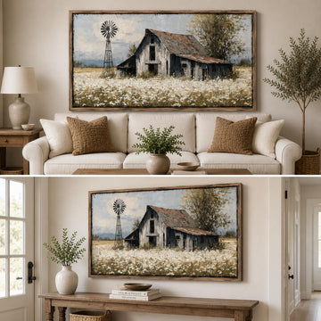 Rustic Farmhouse Canvas Wall Art, Vintage Farmhouse Barn Picture Wall Decor, Country White Flower Field Canvas