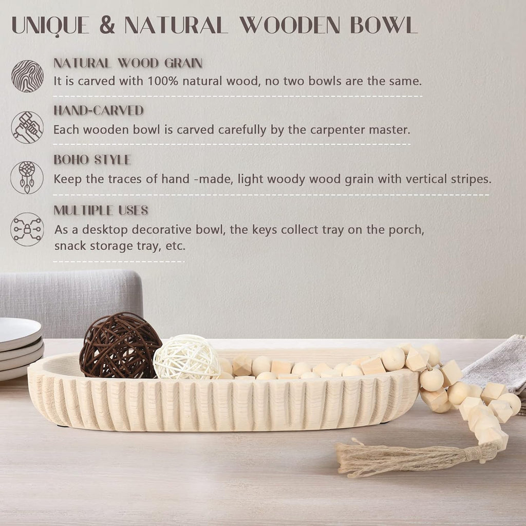 Decorative Dough Bowl Decor, 16" Hand-carved Wood Bowl | Rustic Table Centerpiece Tray with Vertical Stripes, Home