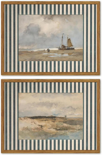 Framed Vintage Coastal Landscape Wall Art Set of 2, Retro Blue and White Striped Beach Sailboat Pictures Wall Decor