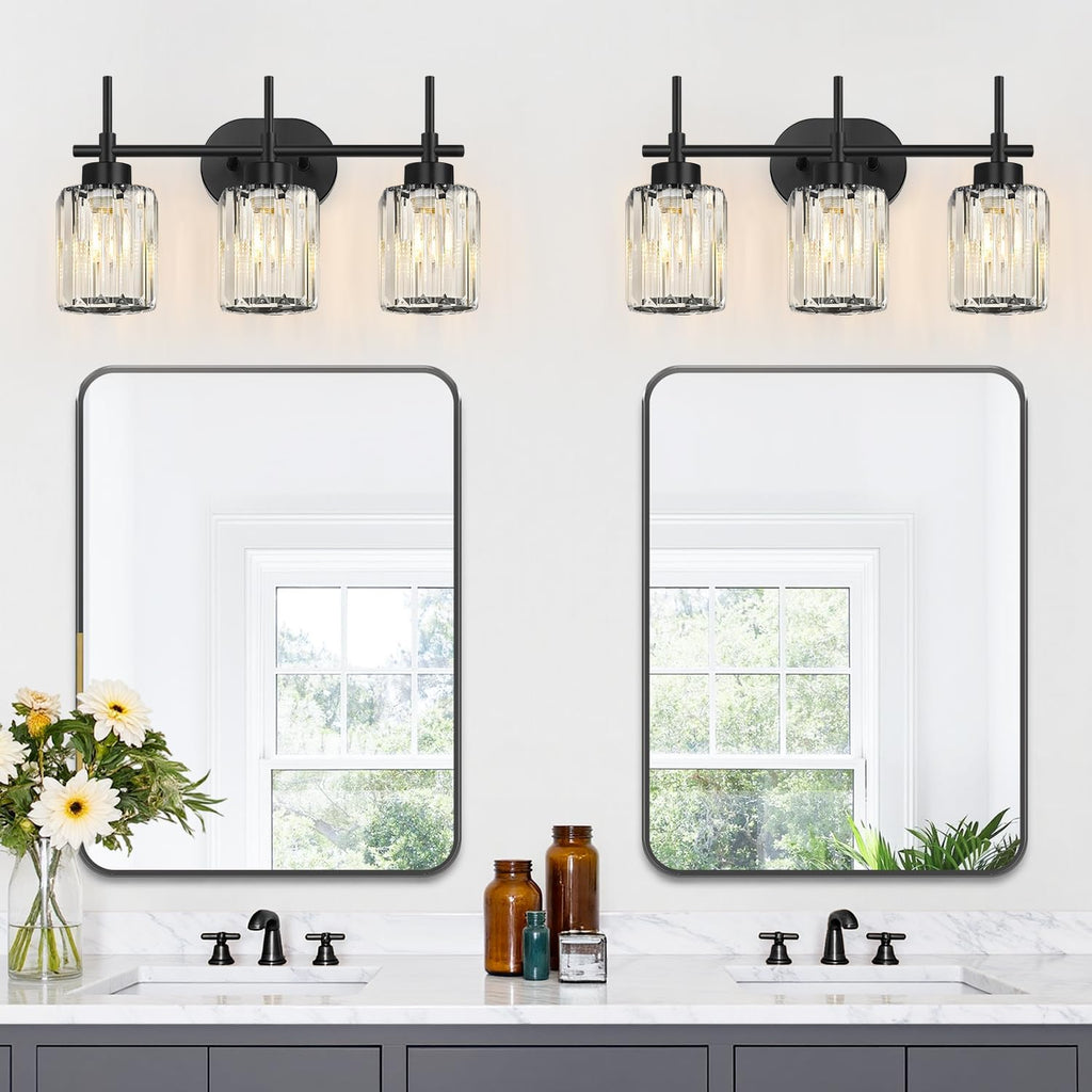 Matte Black Vanity Light, 3-Light Crystal Modern Bathroom Lighting Fixtures Over Mirror, Black Bathroom Vanity Light