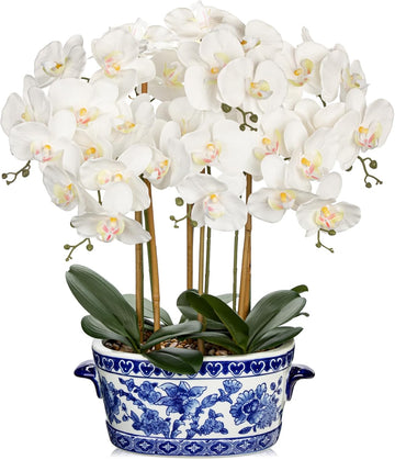 Large White Orchid Artificial Flower in Blue and White Porcelain Pot 25.6" Faux Silk Orchid Arrangement Fake Orchid
