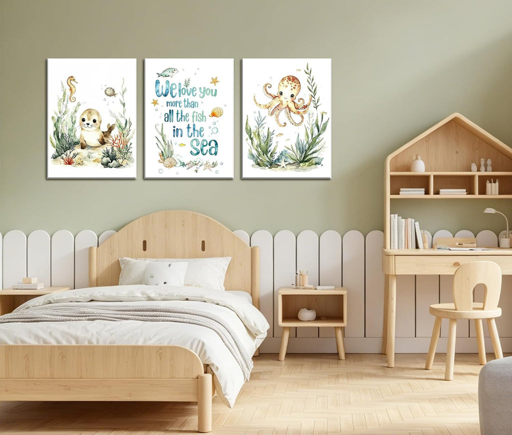 Framed Ocean Nursery Canvas Wall Art, Cute Sea Animals with Quote, Set of 3, 12x16 Inch, Kids Room Decor