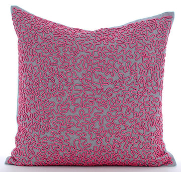HomeCentric Pink Pillow Shams, Fuchsia Beaded Scroll Ocean Beach Theme, 24x24 inch Square Cotton Linen Pillows