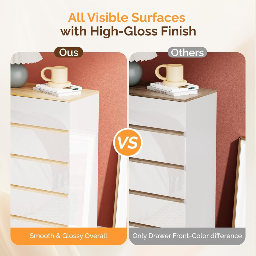 5 Drawer Dresser , 45" H Tall Dresser Chest of Drawers, High Gloss Wood Modern Storage Cabinet with Brown Top