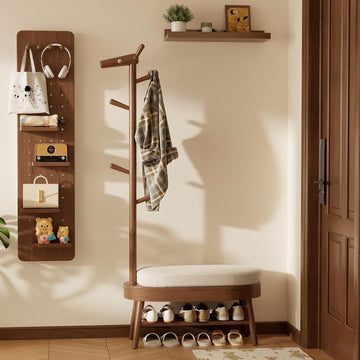 Shoe Rack with Coat Rack, Wooden Shoe Bench with Upholstered Cushion, 3-in-1, 2-Tier Shoe Storage and Cute Animal