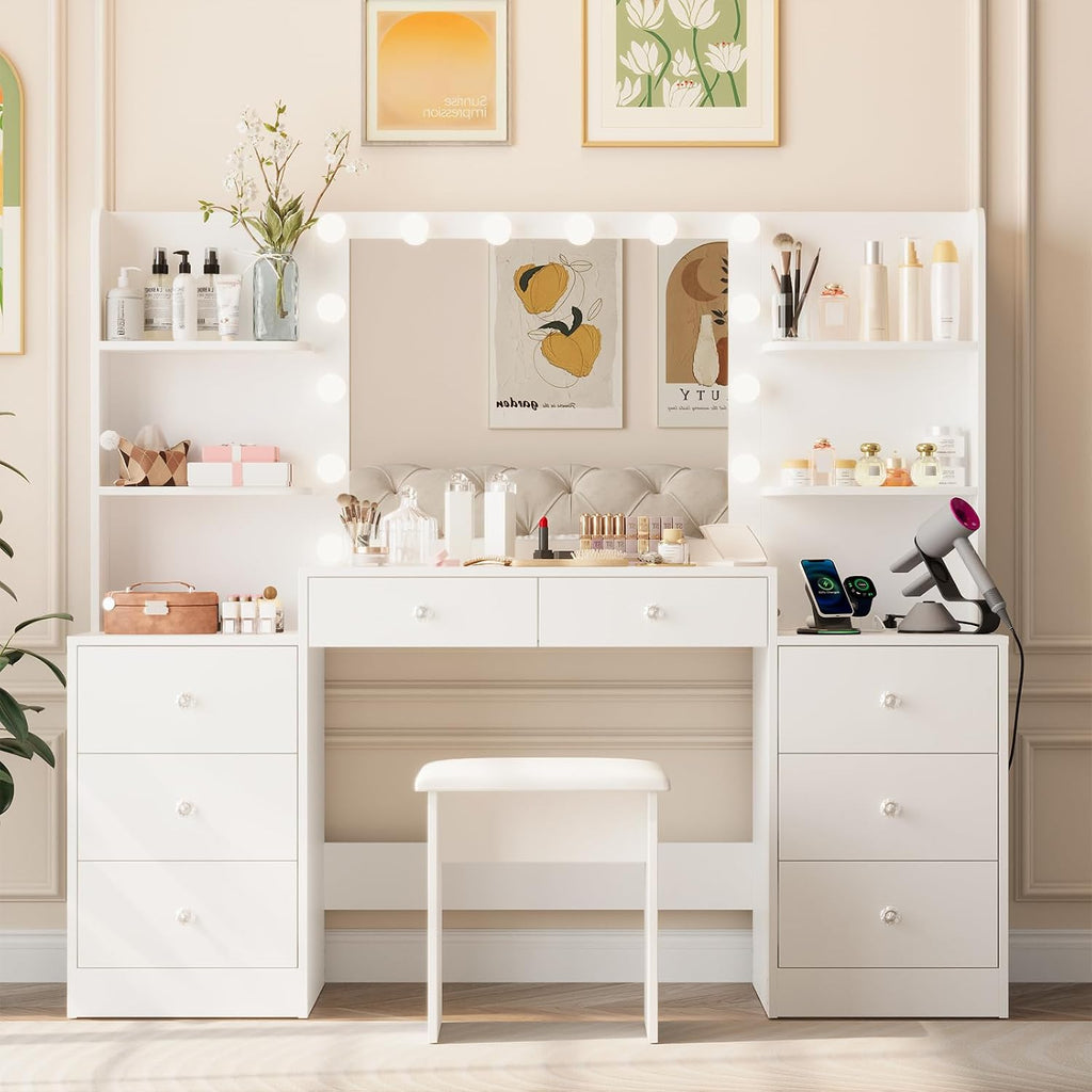 Large Vanity Desk with Lighted Mirror Dressing Table | Makeup Vanity with Power Strip, Soft Stool, 8 Drawers, 6 Open