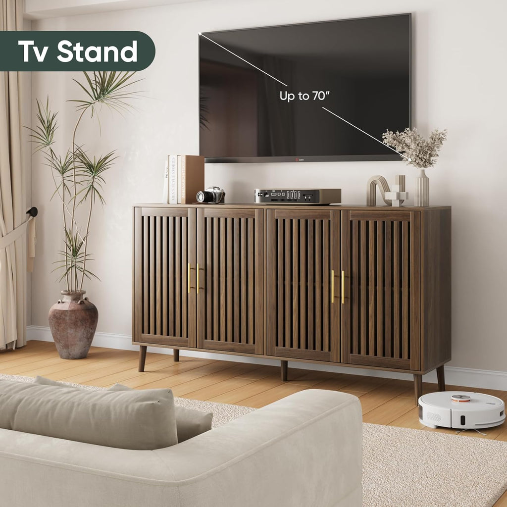 63" Long Sideboard Buffet with 4 Slatted Doors, Farmhouse Buffet Storage Cabinet with Adjustable Shelf