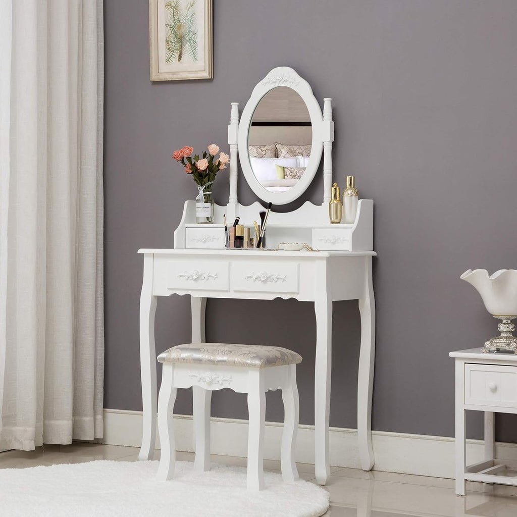 Makeup Vanity Table Set and Cushioned Stool with Oval Mirror, 4 Drawers Dressing Table (White)