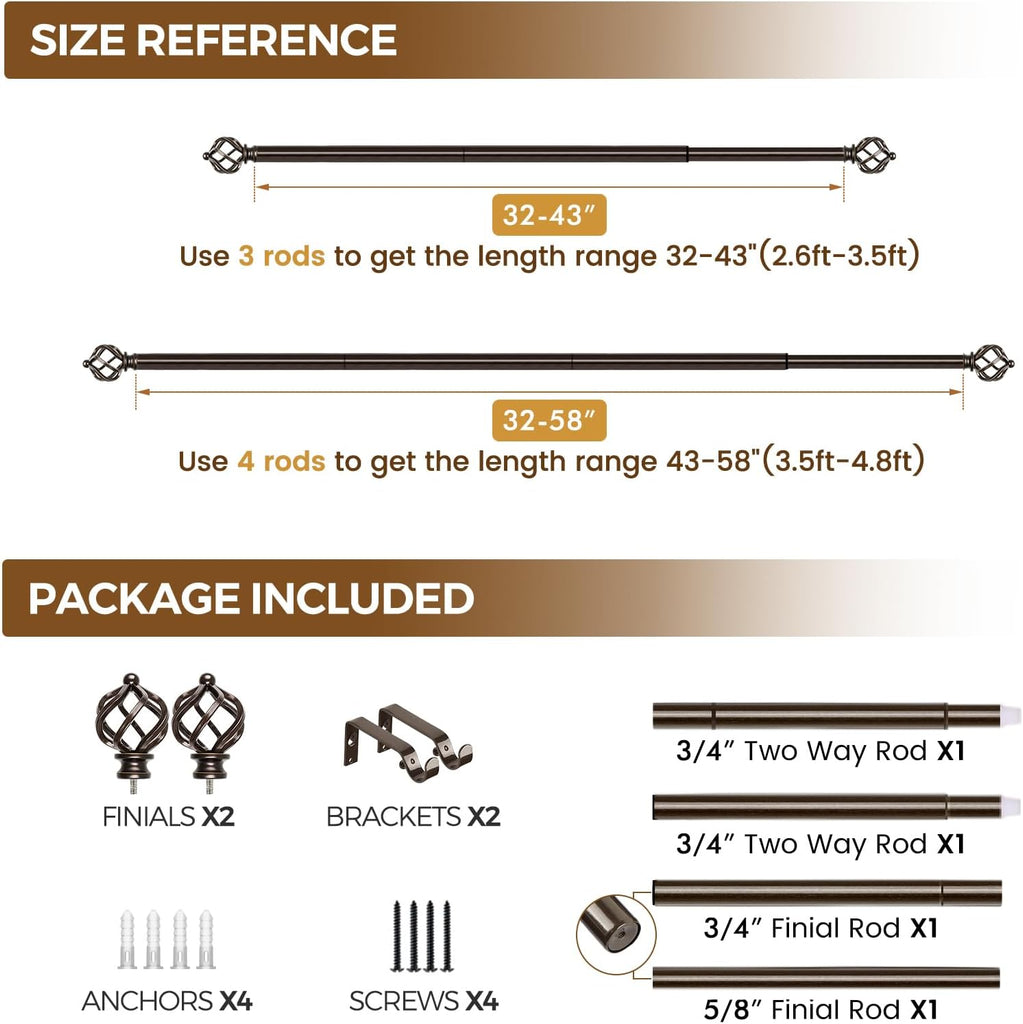 Bronze Curtain Rod, Adjustable Curtain Rods for Windows, 3/4 Inch Splicing